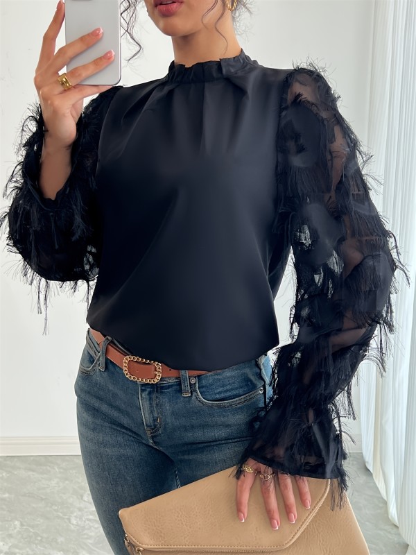 Elegant Tassel Mesh Panel Mock Neck Blouse with Ruffle Detail and Back Clasp - Solid Color, Machine Washable