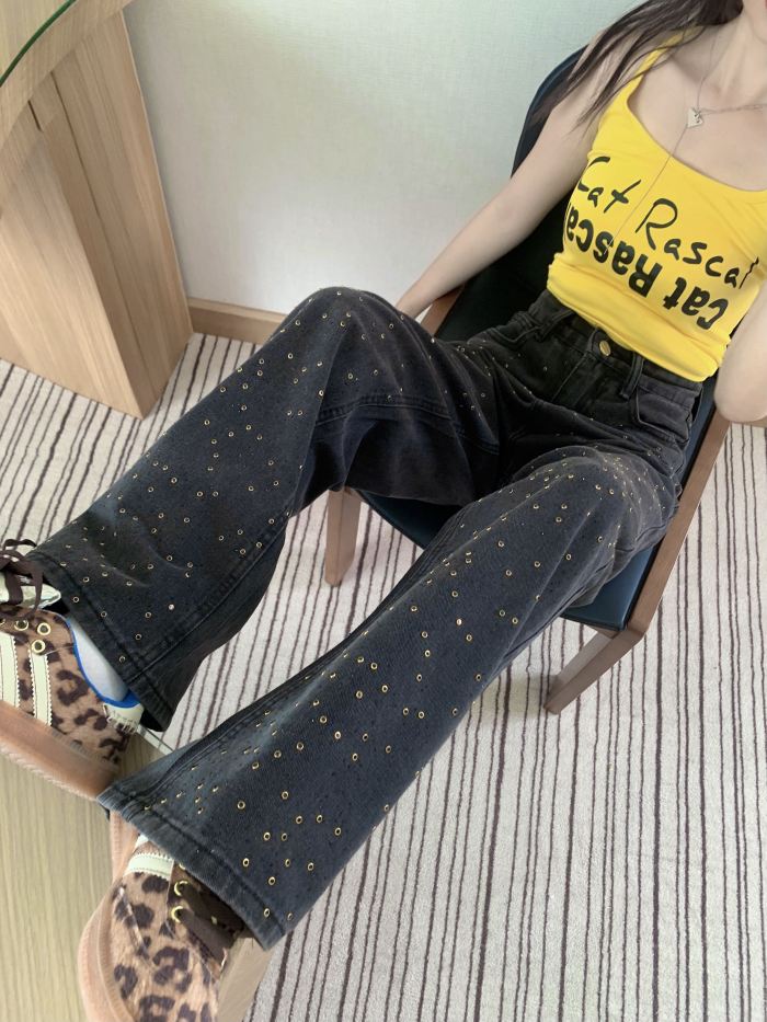 Women'S High-Waisted Black Denim Jeans, Casual Straight Leg Long Pants, Button Fly, Slight Stretch, Solid Color, with Washed Detail, for All-Season Wear