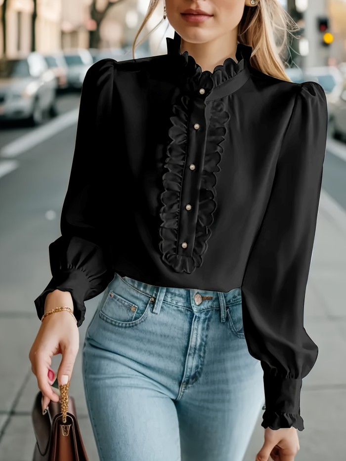 Vibrant Ruffle Trim Blouse - Chic Stand Collar, Long Sleeve, Button Front, Stylish Spring & Fall Essential - Women's Fashion Clothing for Everyday Wear