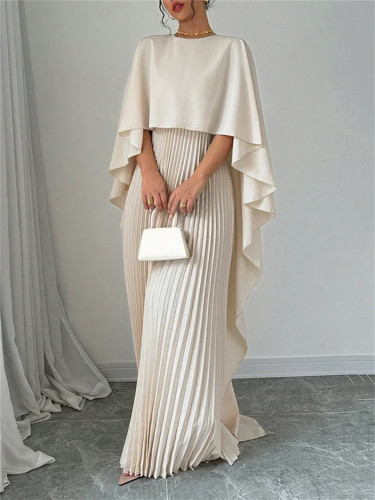 Elegant Solid Color Pleated Dress with a Faux Two-Piece Design, Featuring a Flowing Long Skirt Suitable for Banquets.