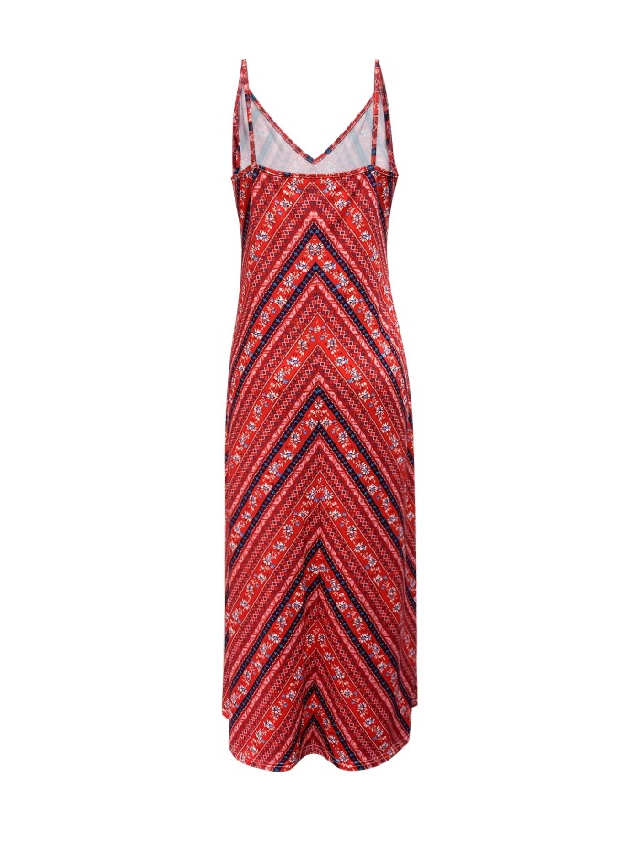 Summer Chic V-Neck Halter Dress with Boho Print - Stretchy Polyester Blend, Machine Washable - Perfect for Beach & Vacation