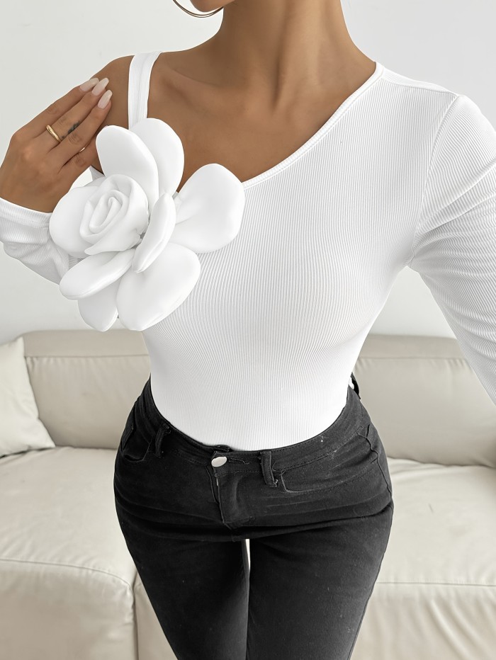 2024 Fall\u002FWinter Women's T-Shirt with 3D Rose Shoulder Cutout - Long Sleeve, Polyester, Asymmetrical Neckline, Regular Fit, Solid Color, Sleeve Length: Long Sleeve, Season: All Year Round, Details: Asymmetrical, Style: Elegant, Fabric: Stretchable, Knit Construction, Series Line: Elegant Collection