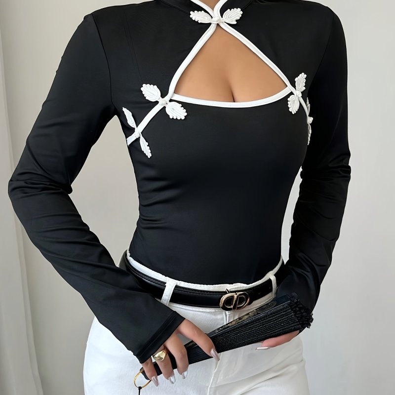 Elegant Women's Long Sleeve Cheongsam-Inspired Top with Cutout Detail and Contrast Trim - Stretchy Polyester Blend, Machine Washable