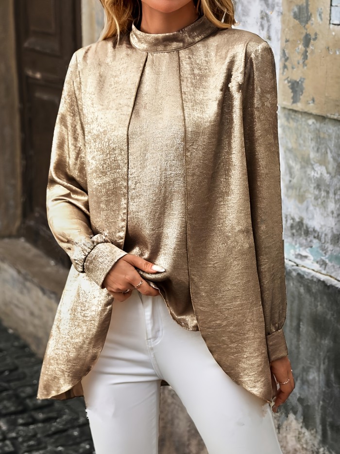 Women'S Elegant Metallic Collar Shirt, Polyester, Solid Color, Regular Sleeve, Long Length, Casual Outfit, A-Line, Pullover, Single Button Front, No Padding, Spring\u002FSummer\u002FAutumn\u002FWinter