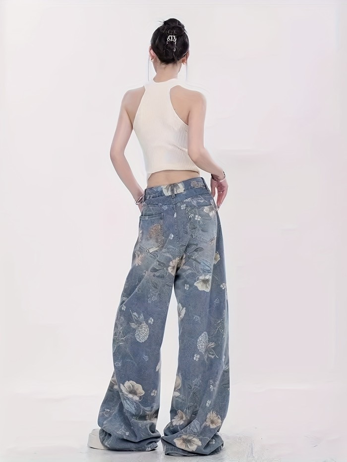 1pc Vintage Floral Print Wide Leg Jeans for Women, (78%, 20% Polyester, 2% Spandex), Casual Street Style Denim, Non-Stretch Fabric, All-Season Long Pants with Washed Finish