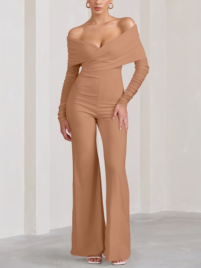 1pc Elegant Polyester Jumpsuit for Women - Off-Shoulder V-Neck Cross Design, Solid Color, Knit Fabric, Medium Stretch, Wide Leg, Long Length Pants, Spring\u002FFall Fashion, Suitable for Mature Adults