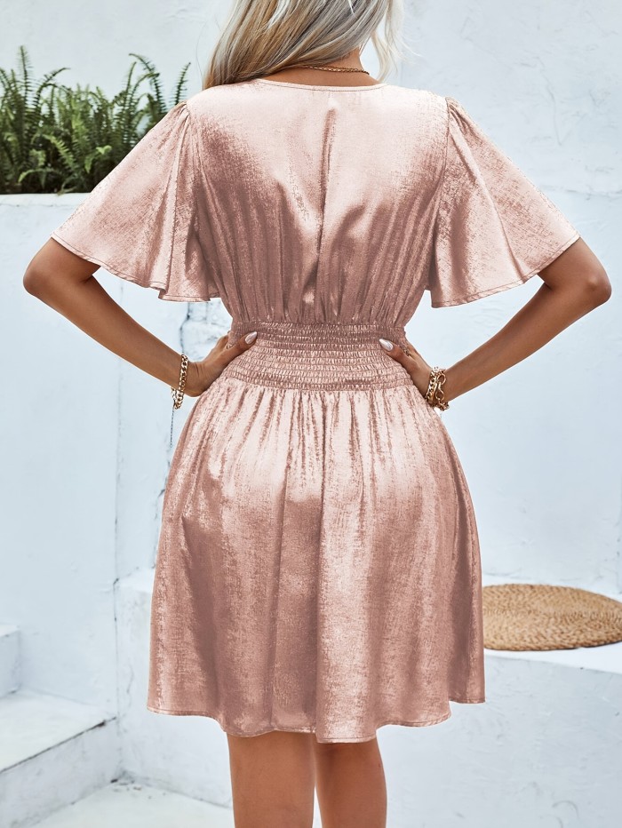 1pc Elegant V-Neck Ruffle Sleeve Pleated Waist Polyester Dress for Women, All-Season Solid Color Party Midi Dress