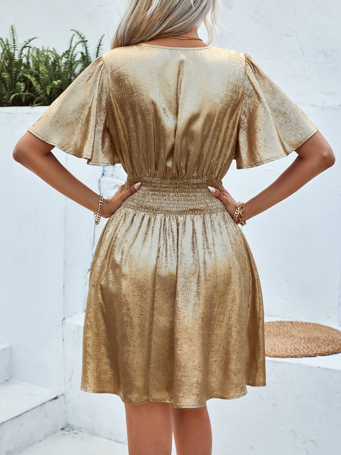 1pc Elegant V-Neck Ruffle Sleeve Pleated Waist Polyester Dress for Women, All-Season Solid Color Party Midi Dress