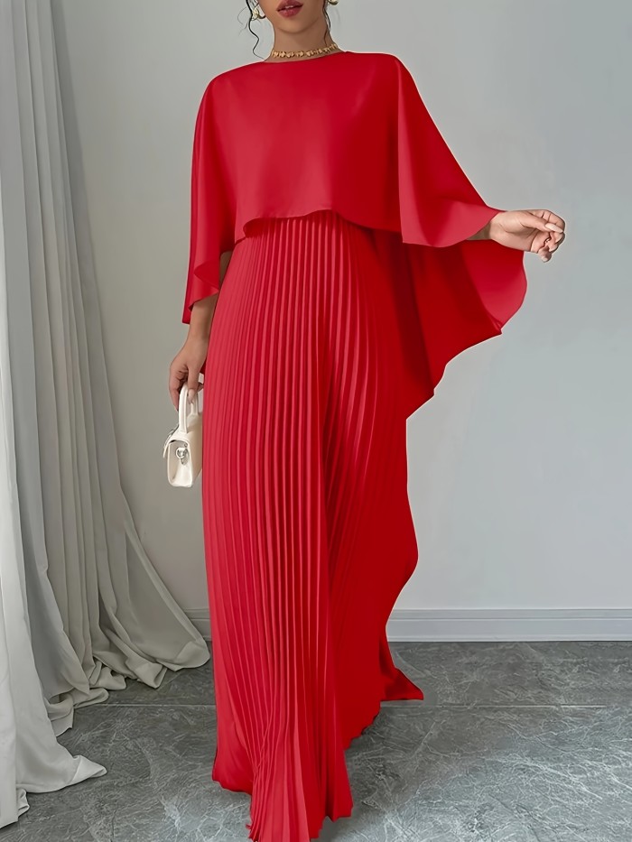 Elegant Solid Color Pleated Dress with a Faux Two-Piece Design, Featuring a Flowing Long Skirt Suitable for Banquets.