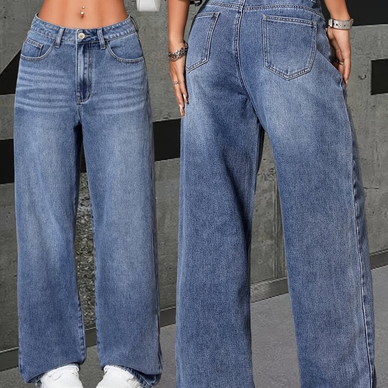 1pc Elegant High Waist Wide Leg Jeans for Women - 80%, 10% Viscose, 10% Polyester Denim, Casual Weekend Style, Button Fly, Collarless, Solid Color, Long Length, Non-Stretch, All-Season