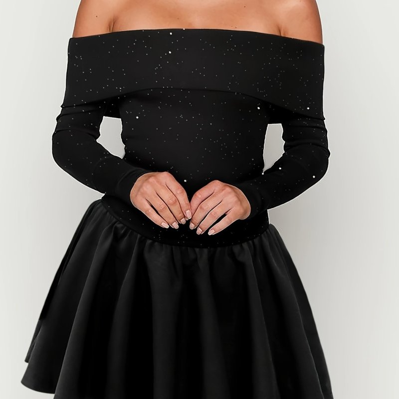 1pc Elegant Off-Shoulder Fit and Flare Dress, Polyester 96% Spandex 4% Knit Fabric, Backless Solid Color Design, Adult Fall\u002FWinter Fashion