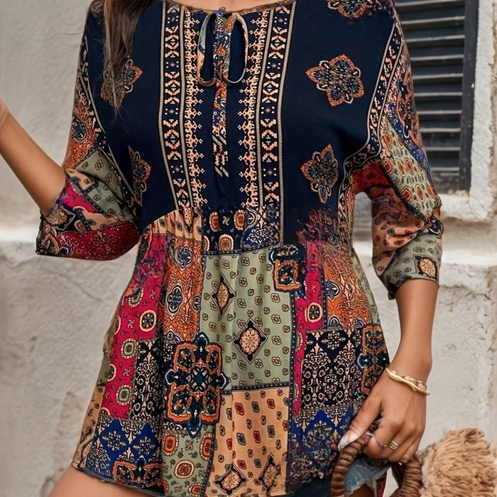 Women'S Bohemian Tropical Print Blouse, Polyester Crew Neck Top, Woven Lightweight Long Sleeve Shirt for All Seasons