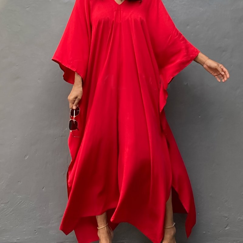 Elegant Plus Size Solid Color Kaftan Dress - Batwing Sleeve, Loose Fit Maxi Robe for Women | Rayon Blend, Non-Stretch Fabric | Perfect for Spring\u002FSummer\u002FFall