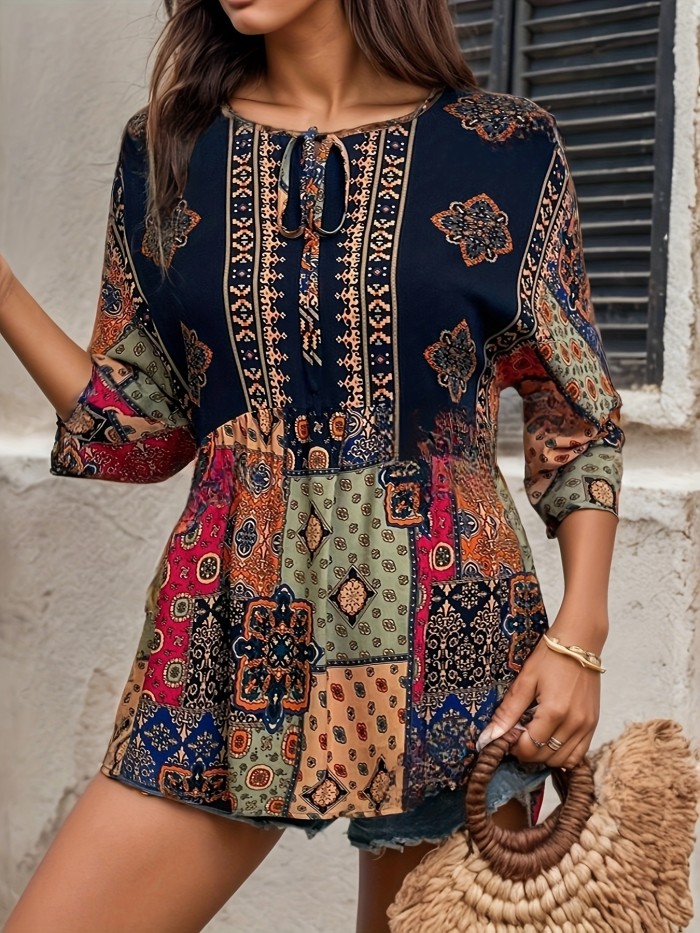 Women'S Bohemian Tropical Print Blouse, Polyester Crew Neck Top, Woven Lightweight Long Sleeve Shirt for All Seasons