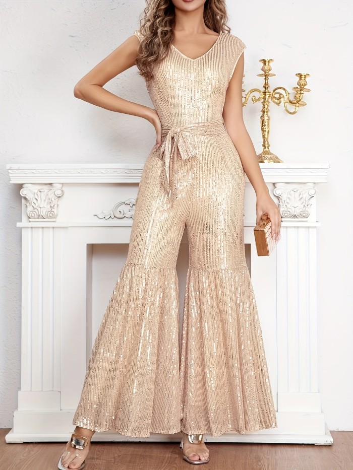 Women'S Sequined Jumpsuit with V-Neck and Lace-Up Detail, Polyester Knit Fabric, Solid Color, Skinny Fit, for Spring\u002FSummer\u002FFall - Vacation Style