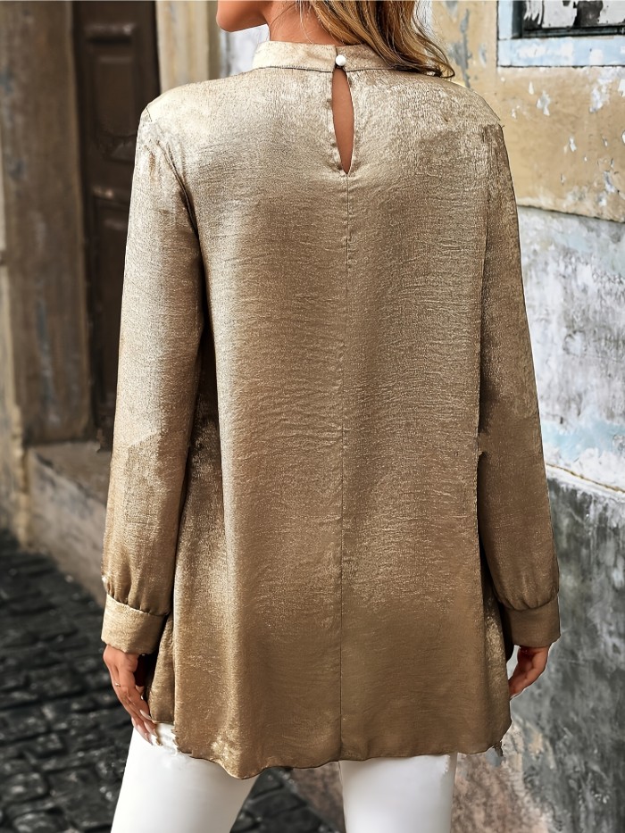 Women'S Elegant Metallic Collar Shirt, Polyester, Solid Color, Regular Sleeve, Long Length, Casual Outfit, A-Line, Pullover, Single Button Front, No Padding, Spring\u002FSummer\u002FAutumn\u002FWinter