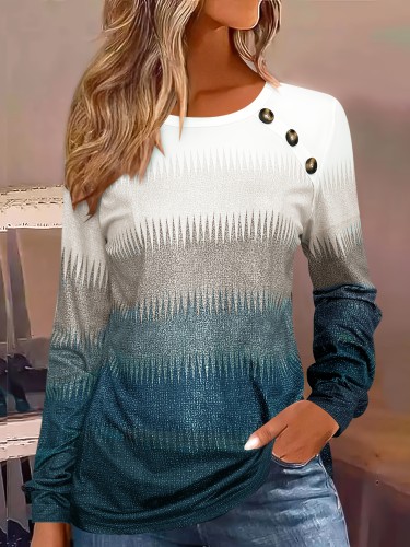 Gradient Color Long Sleeve T-shirt, Casual Button Front Crew Neck Top For Spring & Fall, Women's Clothing