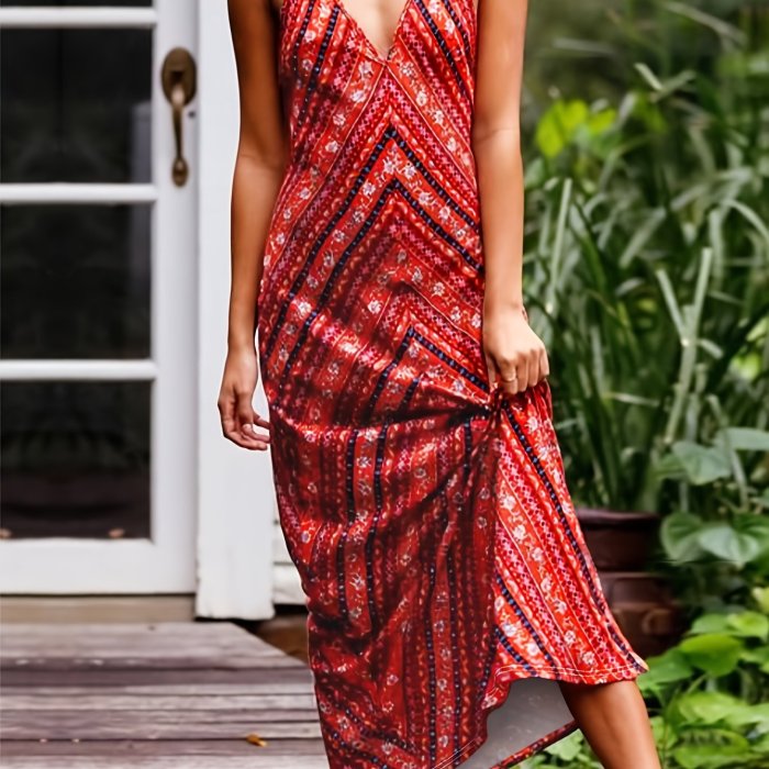 Summer Chic V-Neck Halter Dress with Boho Print - Stretchy Polyester Blend, Machine Washable - Perfect for Beach & Vacation