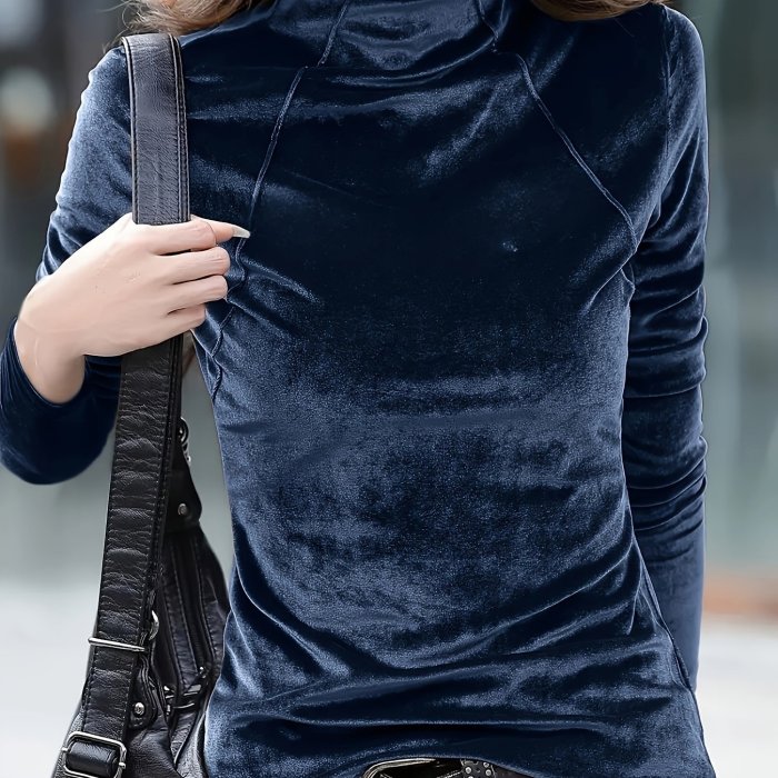 Vibrant Solid Color Velvet T-Shirt - Women's Elegant Long Sleeve Slim Fit T-Shirts for Spring & Fall - Soft, Comfortable, and Chic Clothing for Ladies