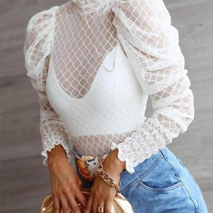 Fishnet Frill Hem Shirred Puff Sleeve Top