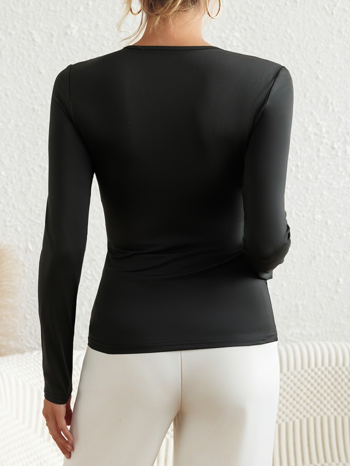 Elegant Women's V-Neck T-Shirt with Cutout Cross Design - Slimming Long Sleeve Top for Fall & Winter, Stretchy Polyester Blend