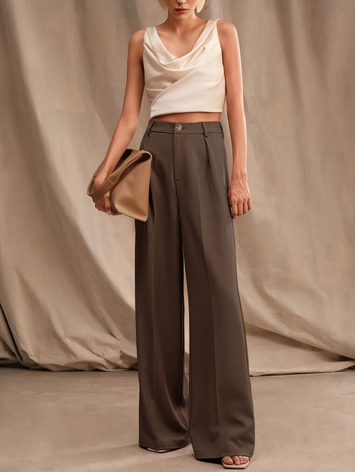 Timeless Design, Elegant Solid Color Wide-Leg Pants for Women - High Waist, Button Detail, Machine Washable, Mood Symbol