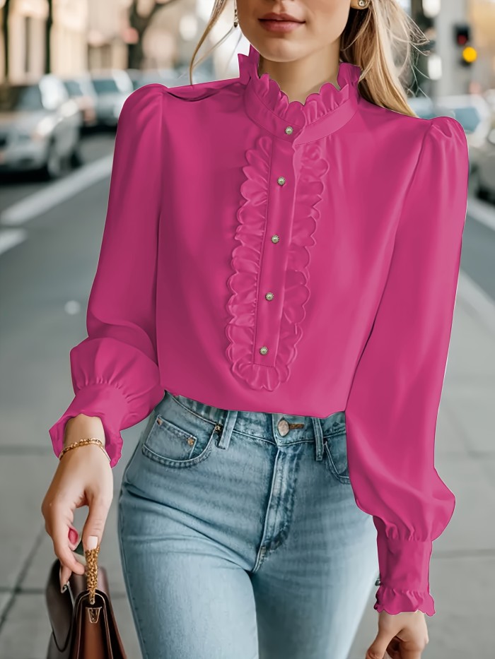Vibrant Ruffle Trim Blouse - Chic Stand Collar, Long Sleeve, Button Front, Stylish Spring & Fall Essential - Women's Fashion Clothing for Everyday Wear