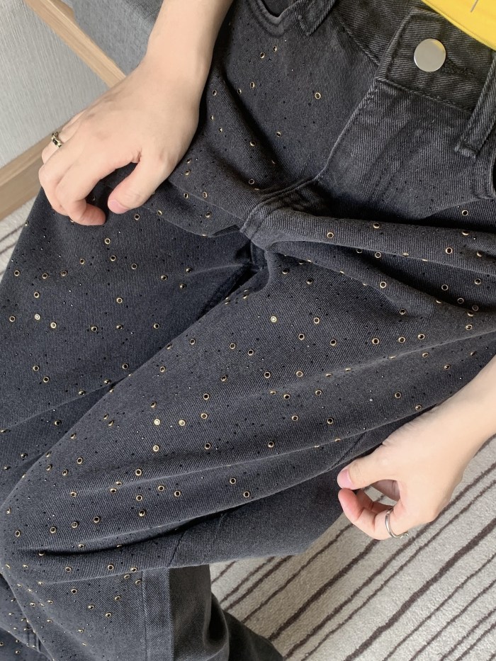 Women'S High-Waisted Black Denim Jeans, Casual Straight Leg Long Pants, Button Fly, Slight Stretch, Solid Color, with Washed Detail, for All-Season Wear