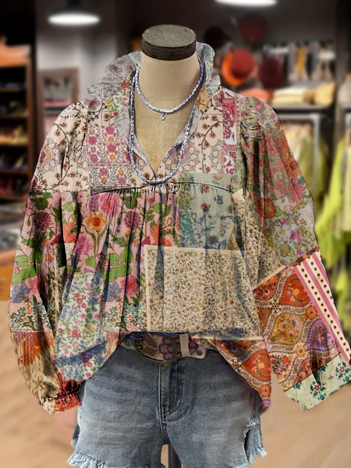 Boho-Chic Paisley V-Neck Blouse with Lantern Sleeves - Casual Long Sleeve Top for Women, Perfect for Spring & Fall