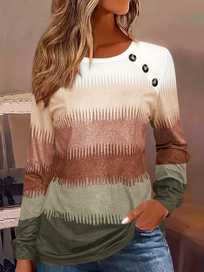 Gradient Color Long Sleeve T-shirt, Casual Button Front Crew Neck Top For Spring & Fall, Women's Clothing
