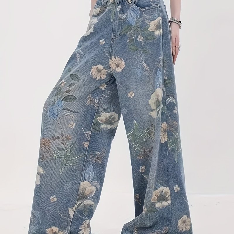 1pc Vintage Floral Print Wide Leg Jeans for Women, (78%, 20% Polyester, 2% Spandex), Casual Street Style Denim, Non-Stretch Fabric, All-Season Long Pants with Washed Finish