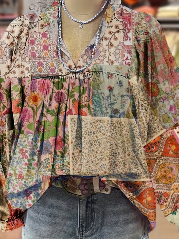 Boho-Chic Paisley V-Neck Blouse with Lantern Sleeves - Casual Long Sleeve Top for Women, Perfect for Spring & Fall