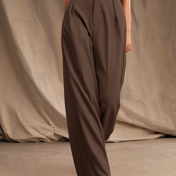 Timeless Design, Elegant Solid Color Wide-Leg Pants for Women - High Waist, Button Detail, Machine Washable, Mood Symbol