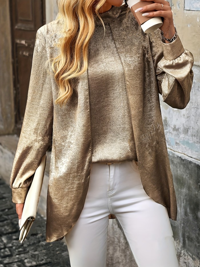 Women'S Elegant Metallic Collar Shirt, Polyester, Solid Color, Regular Sleeve, Long Length, Casual Outfit, A-Line, Pullover, Single Button Front, No Padding, Spring\u002FSummer\u002FAutumn\u002FWinter