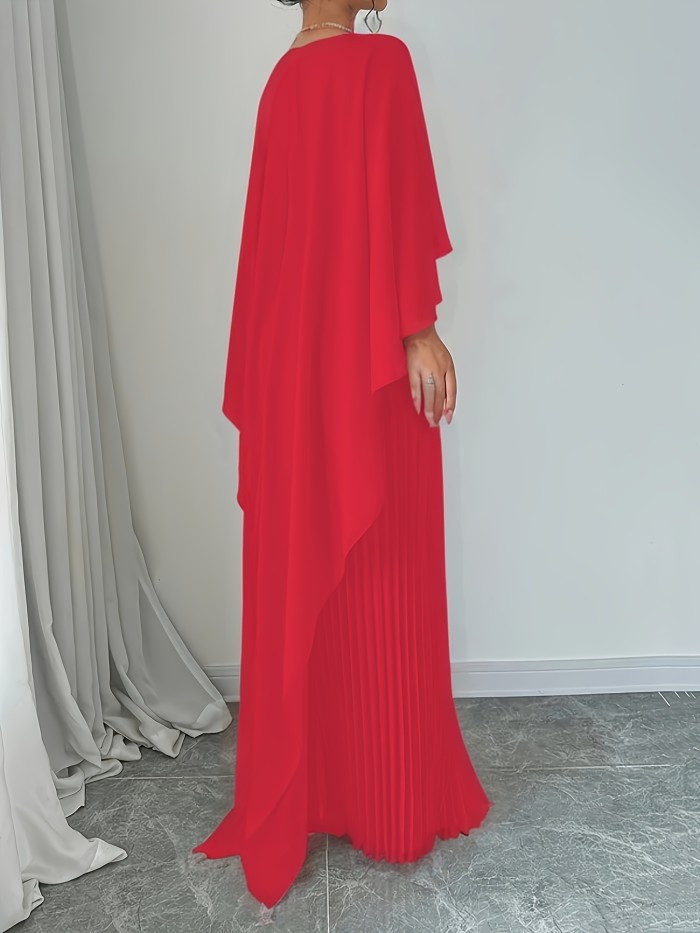 Elegant Solid Color Pleated Dress with a Faux Two-Piece Design, Featuring a Flowing Long Skirt Suitable for Banquets.