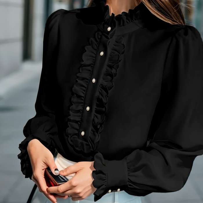Vibrant Ruffle Trim Blouse - Chic Stand Collar, Long Sleeve, Button Front, Stylish Spring & Fall Essential - Women's Fashion Clothing for Everyday Wear