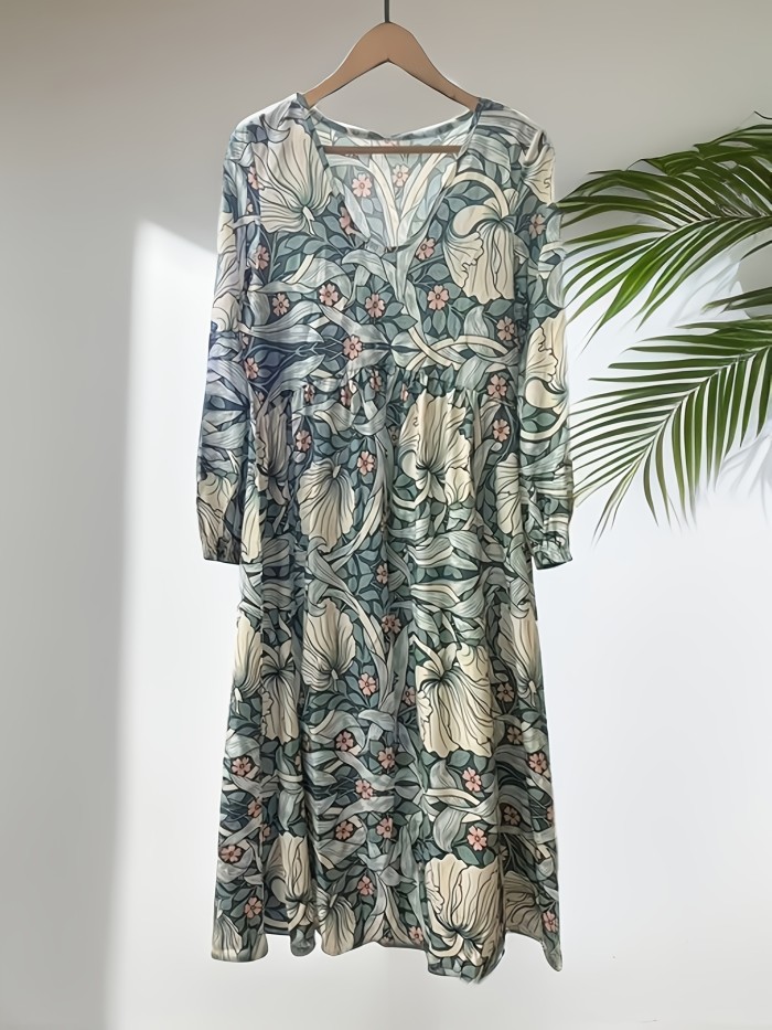 Elegant Floral Print Long Sleeve Maxi Dress, Polyester V-Neck with Trapeze Hem, Regular Fit, for All Seasons - Adult Woven A-Line Dress