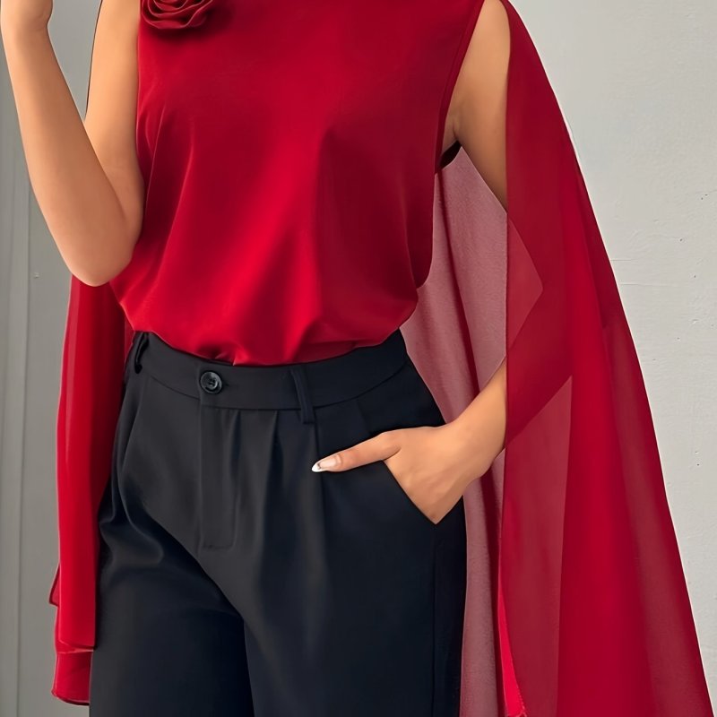 Scarlet Elegance, Elegant Red Women's Shirt with Round Neck and Short Sleeves, Polyester Blend, Non-Sheer - All Seasons