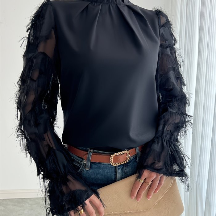 Elegant Tassel Mesh Panel Mock Neck Blouse with Ruffle Detail and Back Clasp - Solid Color, Machine Washable