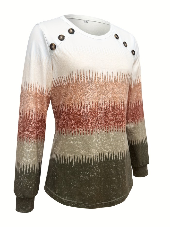 Gradient Color Long Sleeve T-shirt, Casual Button Front Crew Neck Top For Spring & Fall, Women's Clothing