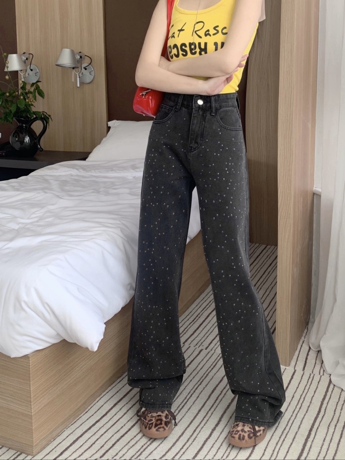 Women'S High-Waisted Black Denim Jeans, Casual Straight Leg Long Pants, Button Fly, Slight Stretch, Solid Color, with Washed Detail, for All-Season Wear