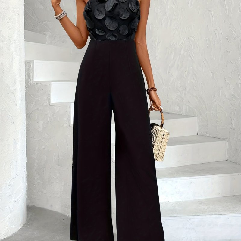 Elegant Off-Shoulder Wide-Leg Jumpsuit with Mesh Detail - Elastic Waist, Back Zipper, Machine Washable - Perfect for Casual Outings