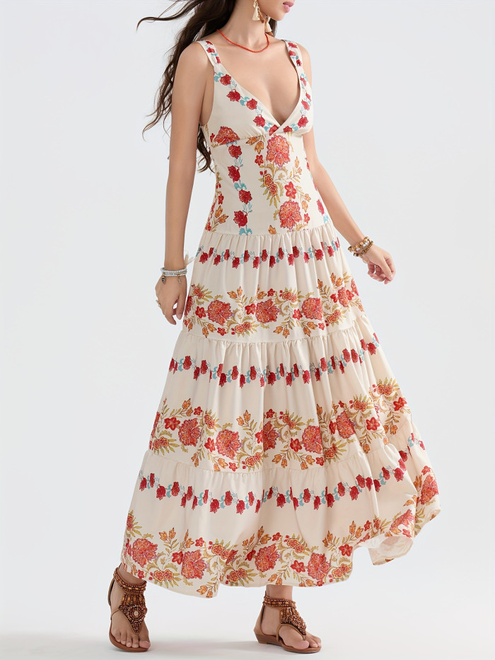 Women Bohemian Maxi Dresses Sleeveless Deep V-neck Backless Adjustable Strap Floral Casual Long Dress