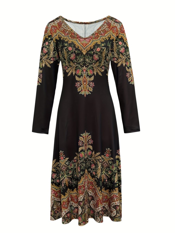 Women's Vintage Paisley Print Dress, Elegant Commuter Style, Polyester, V-Neck, Autumn, Knee-Length, Knit Fabric, Adult Size