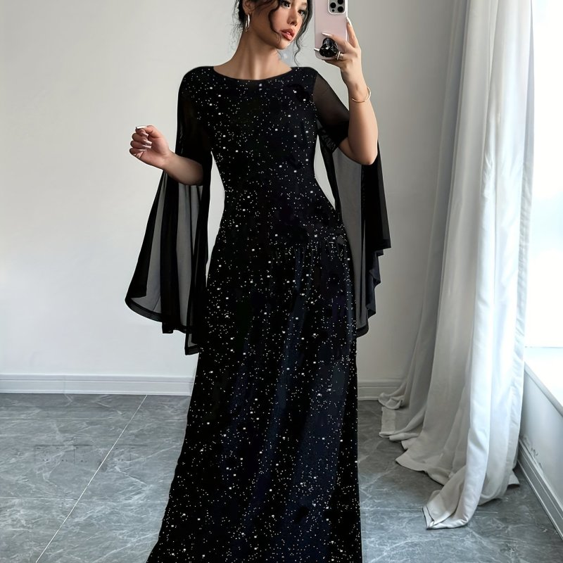 1pc Elegant Glitter Polyester Maxi Dress for Women, Boat Neck Long Sleeve with Zipper and Side Slit, Fitted Knit Fabric, Solid Color, All-Season Party Gown