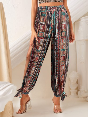 Boho-Chic Women's Joggers with Tie Waist - Spring\u002FSummer Collection, Breathable Polyester Blend, Machine Washable