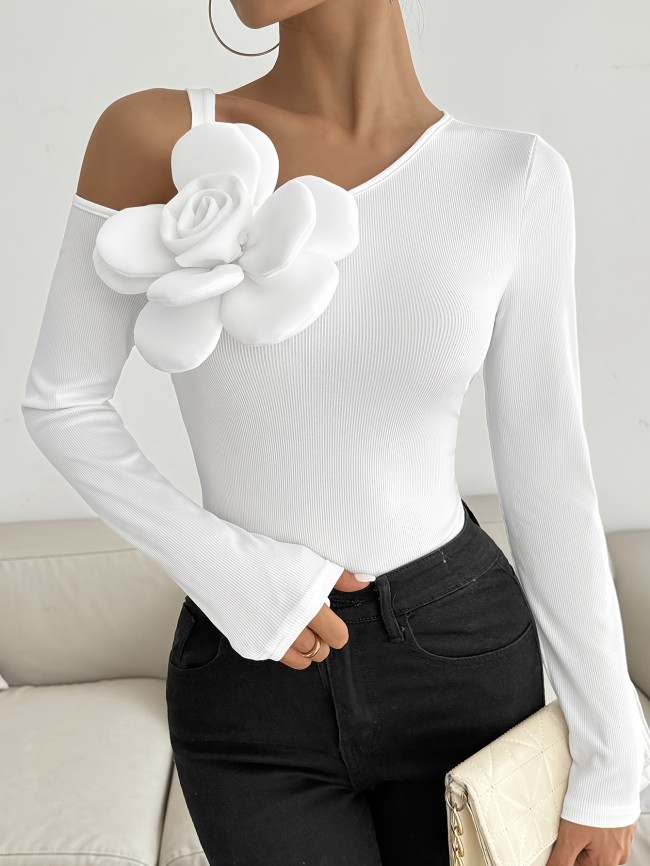 2024 Fall\u002FWinter Women's T-Shirt with 3D Rose Shoulder Cutout - Long Sleeve, Polyester, Asymmetrical Neckline, Regular Fit, Solid Color, Sleeve Length: Long Sleeve, Season: All Year Round, Details: Asymmetrical, Style: Elegant, Fabric: Stretchable, Knit Construction, Series Line: Elegant Collection