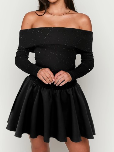 1pc Elegant Off-Shoulder Fit and Flare Dress, Polyester 96% Spandex 4% Knit Fabric, Backless Solid Color Design, Adult Fall\u002FWinter Fashion