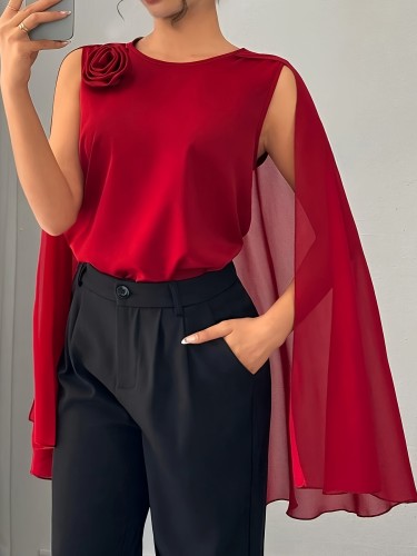 Scarlet Elegance, Elegant Red Women's Shirt with Round Neck and Short Sleeves, Polyester Blend, Non-Sheer - All Seasons