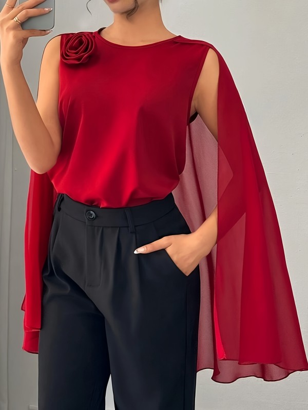 Scarlet Elegance, Elegant Red Women's Shirt with Round Neck and Short Sleeves, Polyester Blend, Non-Sheer - All Seasons